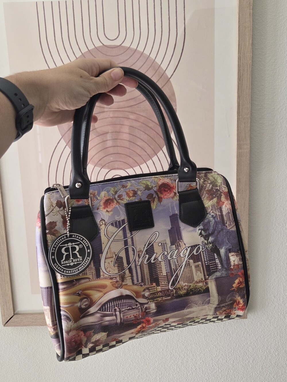 Robin Ruth Chicago City Skyline Print Satchel Duffle Multi-Color Womens